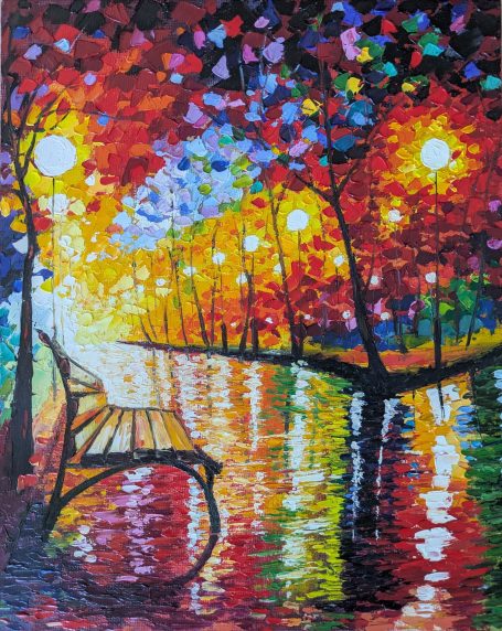 colorful park landscape Bunte Parklandschaft mit einer Bank, beleuchtet von Laternen und reflektiert im Wasser.