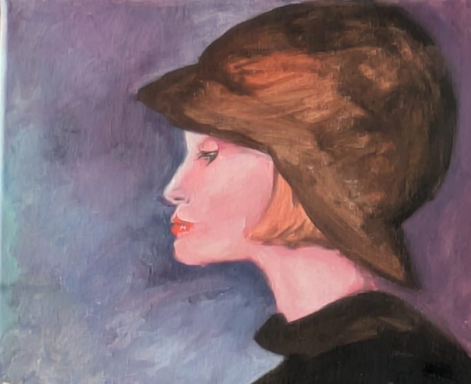 classic woman with hat Porträt einer Frau im Profil mit braunem Hut und blonden Haaren auf einem farbigen Hintergrund.